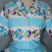 Load image into Gallery viewer, 50s LIGHT BLUE STRIPE AND FLORAL PRINT ST MICHAEL POPLIN SHIRT DRESS - S