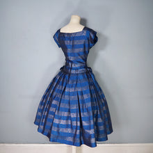 Load image into Gallery viewer, 50s BLANES BLUE AND GOLD METALLIC STRIPE FULL SKIRTED PARTY DRESS WITH BOWS - S