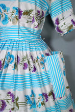 Load image into Gallery viewer, 50s LIGHT BLUE STRIPE AND FLORAL PRINT ST MICHAEL POPLIN SHIRT DRESS - S