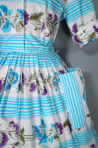 50s LIGHT BLUE STRIPE AND FLORAL PRINT ST MICHAEL POPLIN SHIRT DRESS - S