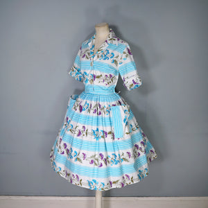 50s LIGHT BLUE STRIPE AND FLORAL PRINT ST MICHAEL POPLIN SHIRT DRESS - S