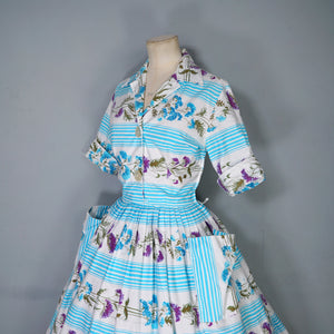 50s LIGHT BLUE STRIPE AND FLORAL PRINT ST MICHAEL POPLIN SHIRT DRESS - S