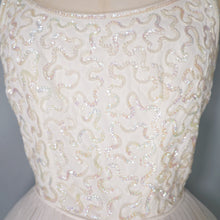 Load image into Gallery viewer, 50s 60s STRAPPY SHEER WHITE FULL SKIRTED PARTY DRESS WITH SEQUINS - XS