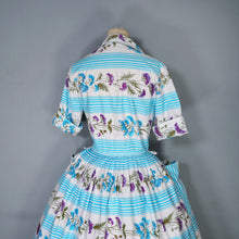 Load image into Gallery viewer, 50s LIGHT BLUE STRIPE AND FLORAL PRINT ST MICHAEL POPLIN SHIRT DRESS - S