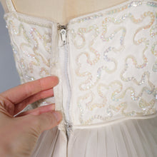 Load image into Gallery viewer, 50s 60s STRAPPY SHEER WHITE FULL SKIRTED PARTY DRESS WITH SEQUINS - XS