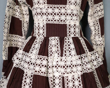Load image into Gallery viewer, 60s 70s BROWN MEXICAN CROCHET LACE AND PIN TUCK FULL SKIRTED DRESS - M