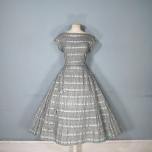 Load image into Gallery viewer, 50s HANDMADE GREY CROCHET AND SATIN RIBBON FULL SKIRTED DRESS - M