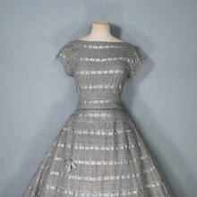 Load image into Gallery viewer, 50s HANDMADE GREY CROCHET AND SATIN RIBBON FULL SKIRTED DRESS - M