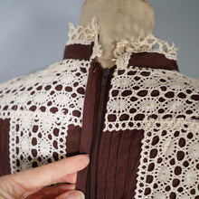 Load image into Gallery viewer, 60s 70s BROWN MEXICAN CROCHET LACE AND PIN TUCK FULL SKIRTED DRESS - M