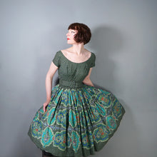 Load image into Gallery viewer, 50s VICTOR JOSSELYN BOLD GREEN PAISLEY PRINT FULL SKIRTED DRESS - S
