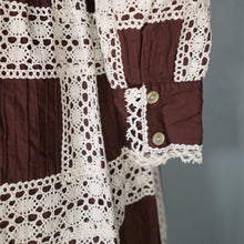 Load image into Gallery viewer, 60s 70s BROWN MEXICAN CROCHET LACE AND PIN TUCK FULL SKIRTED DRESS - M