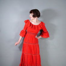 Load image into Gallery viewer, 70s BOLD RED MEXICAN PIN TUCK AND LACE MAXI DRESS WITH RUFFLED NECKLINE - XS-S