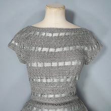 Load image into Gallery viewer, 50s HANDMADE GREY CROCHET AND SATIN RIBBON FULL SKIRTED DRESS - M