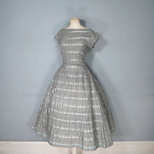Load image into Gallery viewer, 50s HANDMADE GREY CROCHET AND SATIN RIBBON FULL SKIRTED DRESS - M