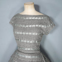 Load image into Gallery viewer, 50s HANDMADE GREY CROCHET AND SATIN RIBBON FULL SKIRTED DRESS - M