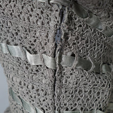 Load image into Gallery viewer, 50s HANDMADE GREY CROCHET AND SATIN RIBBON FULL SKIRTED DRESS - M