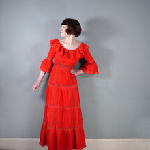 Load image into Gallery viewer, 70s BOLD RED MEXICAN PIN TUCK AND LACE MAXI DRESS WITH RUFFLED NECKLINE - XS-S