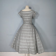 Load image into Gallery viewer, 50s HANDMADE GREY CROCHET AND SATIN RIBBON FULL SKIRTED DRESS - M