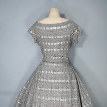 Load image into Gallery viewer, 50s HANDMADE GREY CROCHET AND SATIN RIBBON FULL SKIRTED DRESS - M