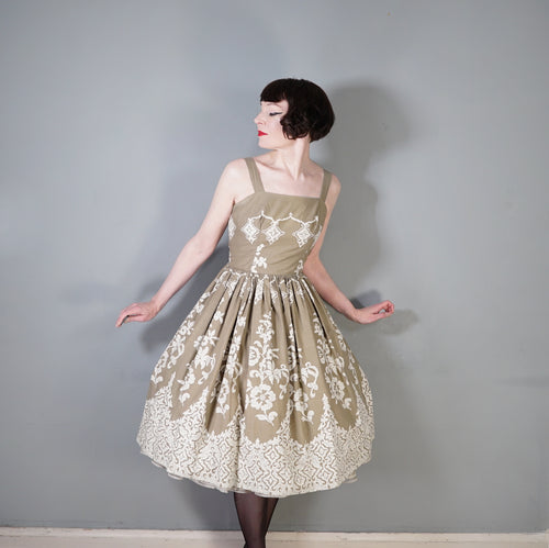 50s SAMBO FASHIONS BROWN AND WHITE FULL SKIRTED SUN DRESS - S