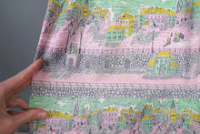 Load image into Gallery viewer, 50s PINK AND GREEN NOVELTY VICTORIAN STREET SCENES FULL SKIRTED DRESS - S