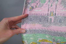 Load image into Gallery viewer, 50s PINK AND GREEN NOVELTY VICTORIAN STREET SCENES FULL SKIRTED DRESS - S