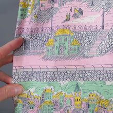 Load image into Gallery viewer, 50s PINK AND GREEN NOVELTY VICTORIAN STREET SCENES FULL SKIRTED DRESS - S