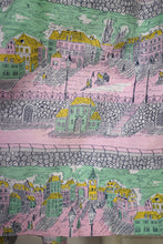 Load image into Gallery viewer, 50s PINK AND GREEN NOVELTY VICTORIAN STREET SCENES FULL SKIRTED DRESS - S