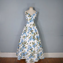Load image into Gallery viewer, 50s 60s PAINTERY BLUE ROSE PRINT EMPIRE MAXI DRES WITH DRAPED BACK - S