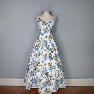 50s 60s PAINTERY BLUE ROSE PRINT EMPIRE MAXI DRES WITH DRAPED BACK - S