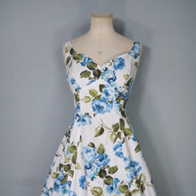 Load image into Gallery viewer, 50s 60s PAINTERY BLUE ROSE PRINT EMPIRE MAXI DRES WITH DRAPED BACK - S