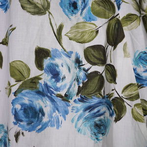 50s 60s PAINTERY BLUE ROSE PRINT EMPIRE MAXI DRES WITH DRAPED BACK - S