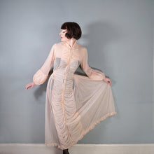Load image into Gallery viewer, 50s HOWARD LINGERIE SHEER PINK MESH RUCHED BOUDOIR ROBE DRESS - M
