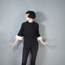 Load image into Gallery viewer, 60s BLACK CREPE EVENING WINTER BLOUSE TOP WITH FUR TRIMMED CUFFS - S