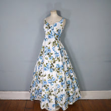 Load image into Gallery viewer, 50s 60s PAINTERY BLUE ROSE PRINT EMPIRE MAXI DRES WITH DRAPED BACK - S