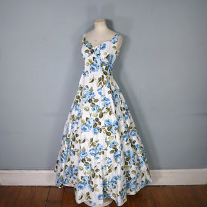 50s 60s PAINTERY BLUE ROSE PRINT EMPIRE MAXI DRES WITH DRAPED BACK - S