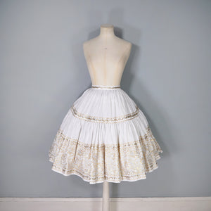 50s WHITE AND METALLIC GOLD / SILVER LACE PATIO SKIRT AND BLOUSE DRESS SET - XS-S