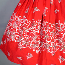 Load image into Gallery viewer, 60s "ALU LOLE" BRIGHT RED WHITE AND GOLD FLORAL HAWAIIAN FULL SKIRTED SUN DRESS - S