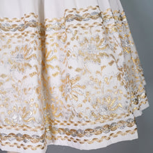 Load image into Gallery viewer, 50s WHITE AND METALLIC GOLD / SILVER LACE PATIO SKIRT AND BLOUSE DRESS SET - XS-S