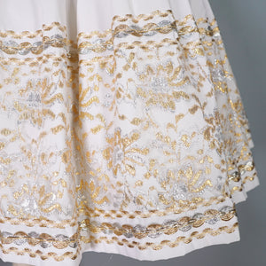 50s WHITE AND METALLIC GOLD / SILVER LACE PATIO SKIRT AND BLOUSE DRESS SET - XS-S
