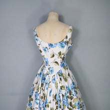 Load image into Gallery viewer, 50s 60s PAINTERY BLUE ROSE PRINT EMPIRE MAXI DRES WITH DRAPED BACK - S