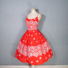 Load image into Gallery viewer, 60s "ALU LOLE" BRIGHT RED WHITE AND GOLD FLORAL HAWAIIAN FULL SKIRTED SUN DRESS - S