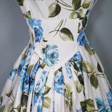 Load image into Gallery viewer, 50s 60s PAINTERY BLUE ROSE PRINT EMPIRE MAXI DRES WITH DRAPED BACK - S