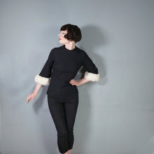 Load image into Gallery viewer, 60s BLACK CREPE EVENING WINTER BLOUSE TOP WITH FUR TRIMMED CUFFS - S