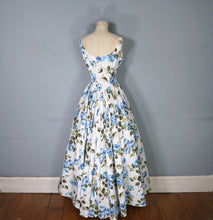 Load image into Gallery viewer, 50s 60s PAINTERY BLUE ROSE PRINT EMPIRE MAXI DRES WITH DRAPED BACK - S