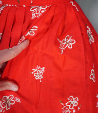 Load image into Gallery viewer, 60s "ALU LOLE" BRIGHT RED WHITE AND GOLD FLORAL HAWAIIAN FULL SKIRTED SUN DRESS - S
