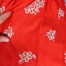 Load image into Gallery viewer, 60s "ALU LOLE" BRIGHT RED WHITE AND GOLD FLORAL HAWAIIAN FULL SKIRTED SUN DRESS - S