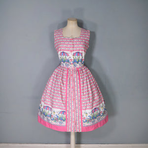 50s NOVELTY PRINT PINK FLOWER VENDORS FULL SKIRTED DRESS - S