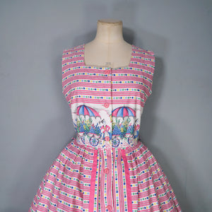50s NOVELTY PRINT PINK FLOWER VENDORS FULL SKIRTED DRESS - S