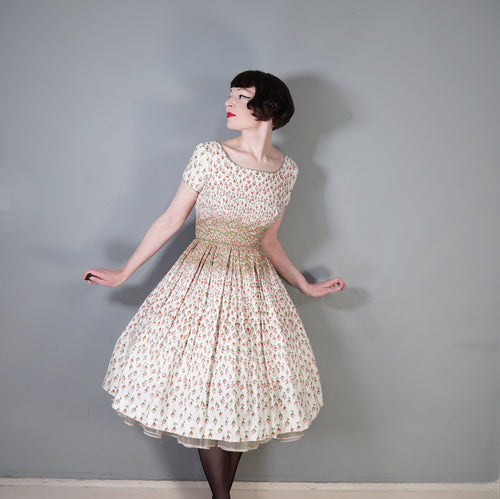 50s CALIFORNIA COTTONS CASCADING ROSE BUD FLORAL PRINT DRESS - S